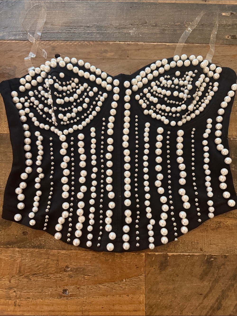 Black Pearl-Embellished Bustier Top